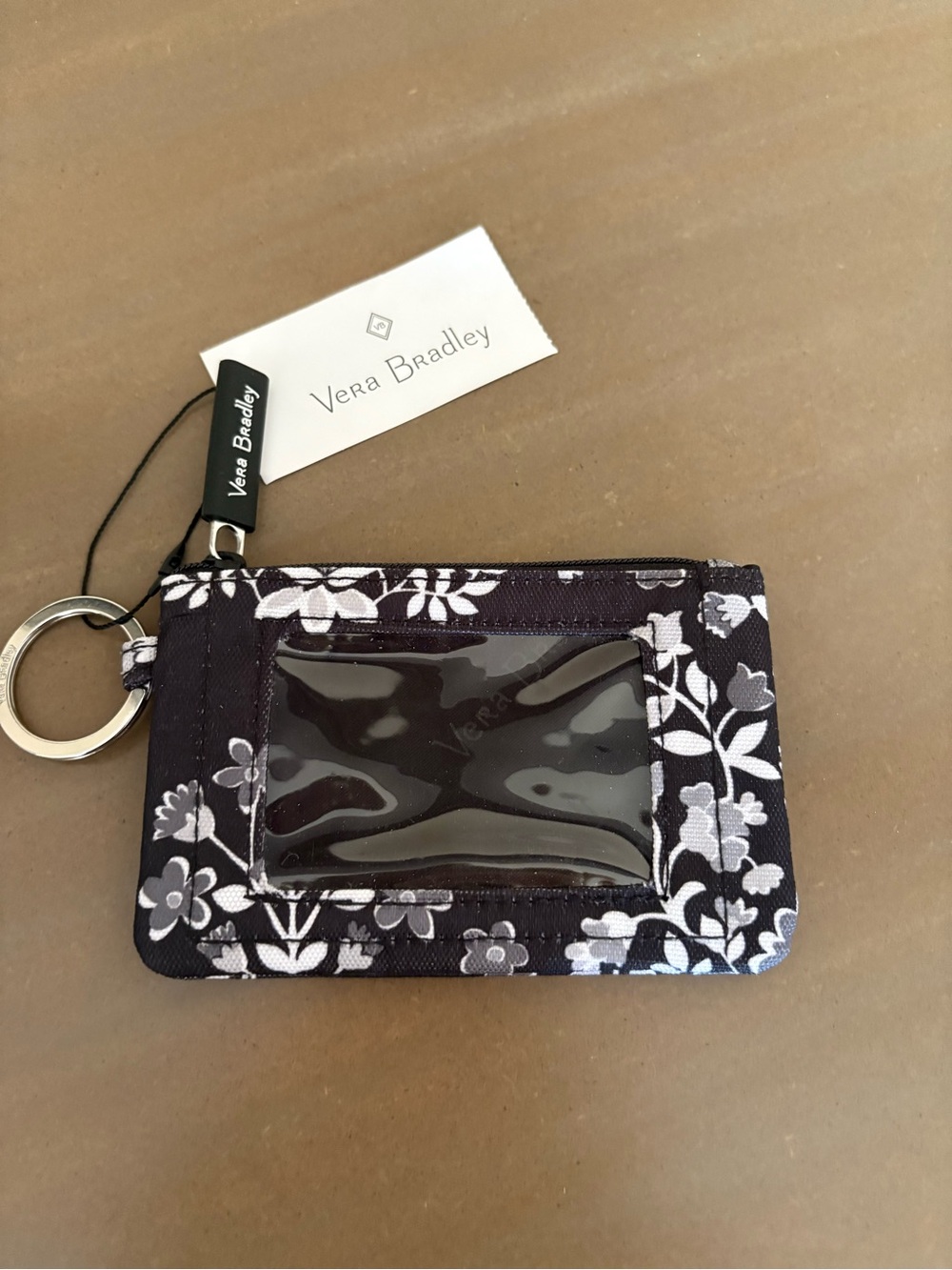 Vera Bradley Black & White Floral ID Card Wallet with Key Ring